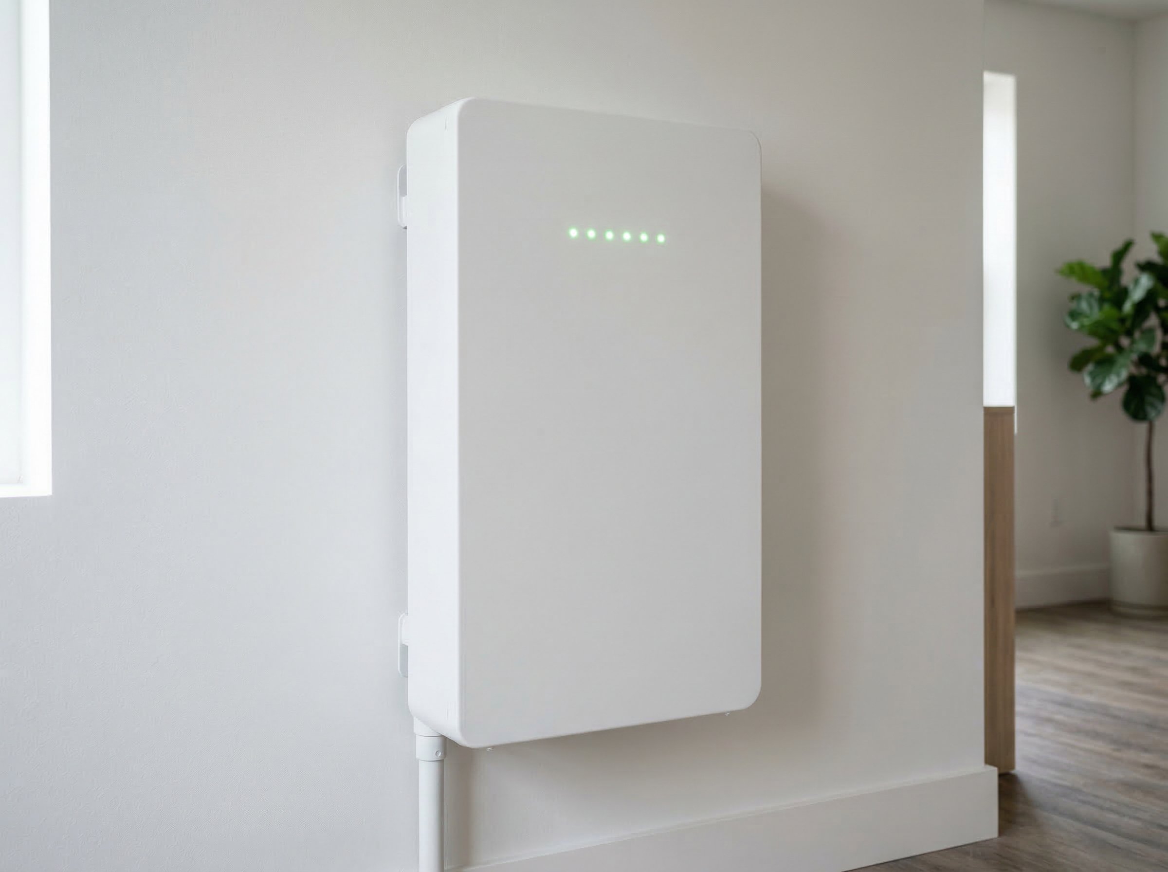 Wall-mounted home battery storage unit with green status indicators