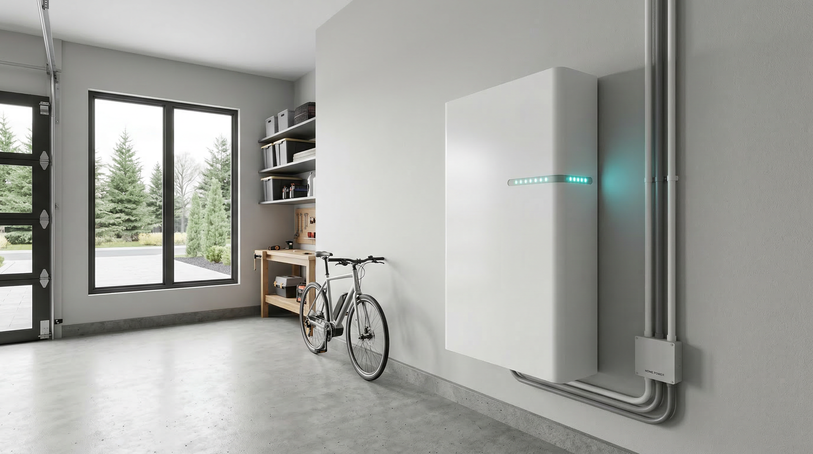 Home battery storage system installed in a modern garage