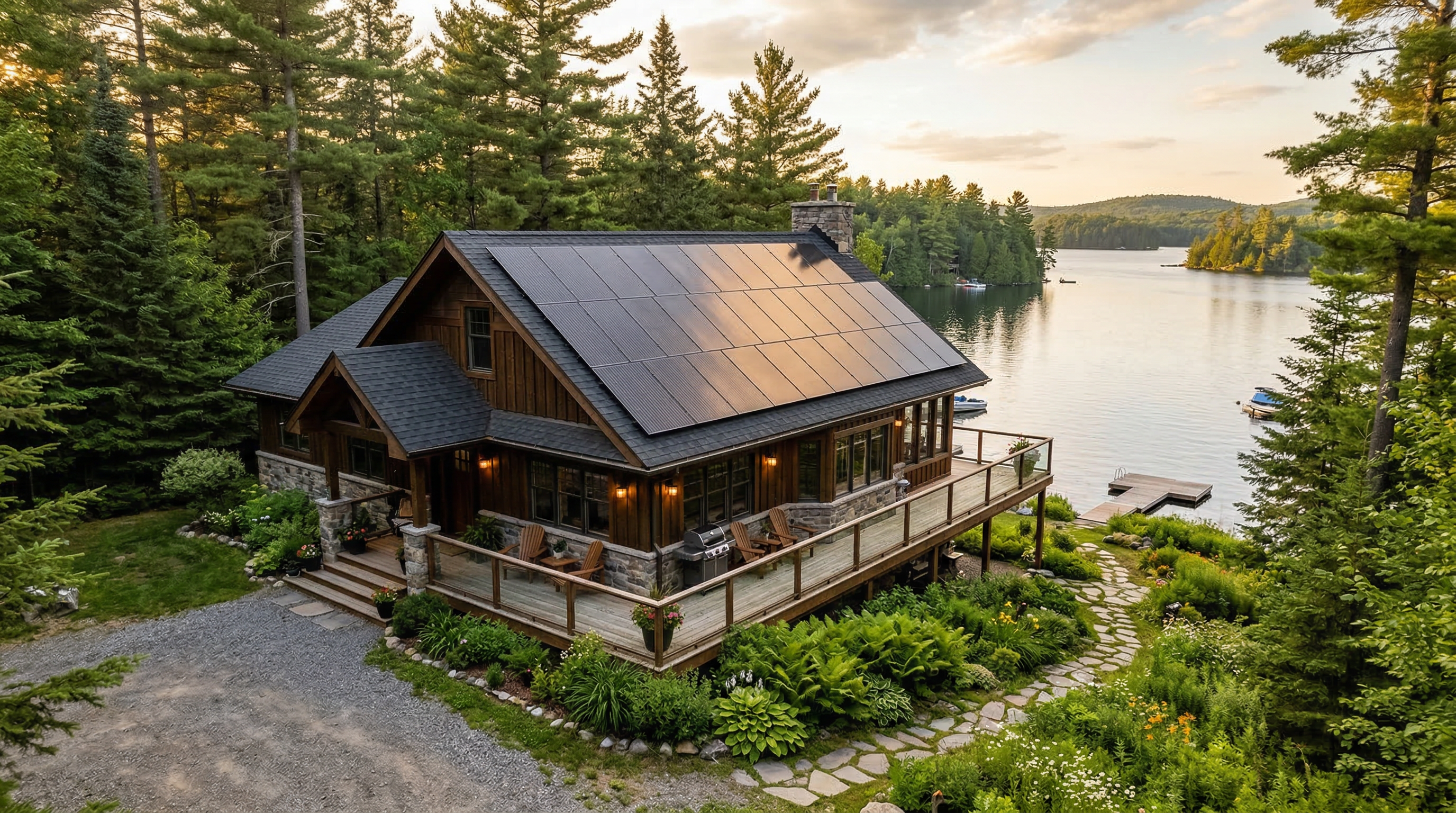 Muskoka lakefront cottage with solar panels installed on the roof